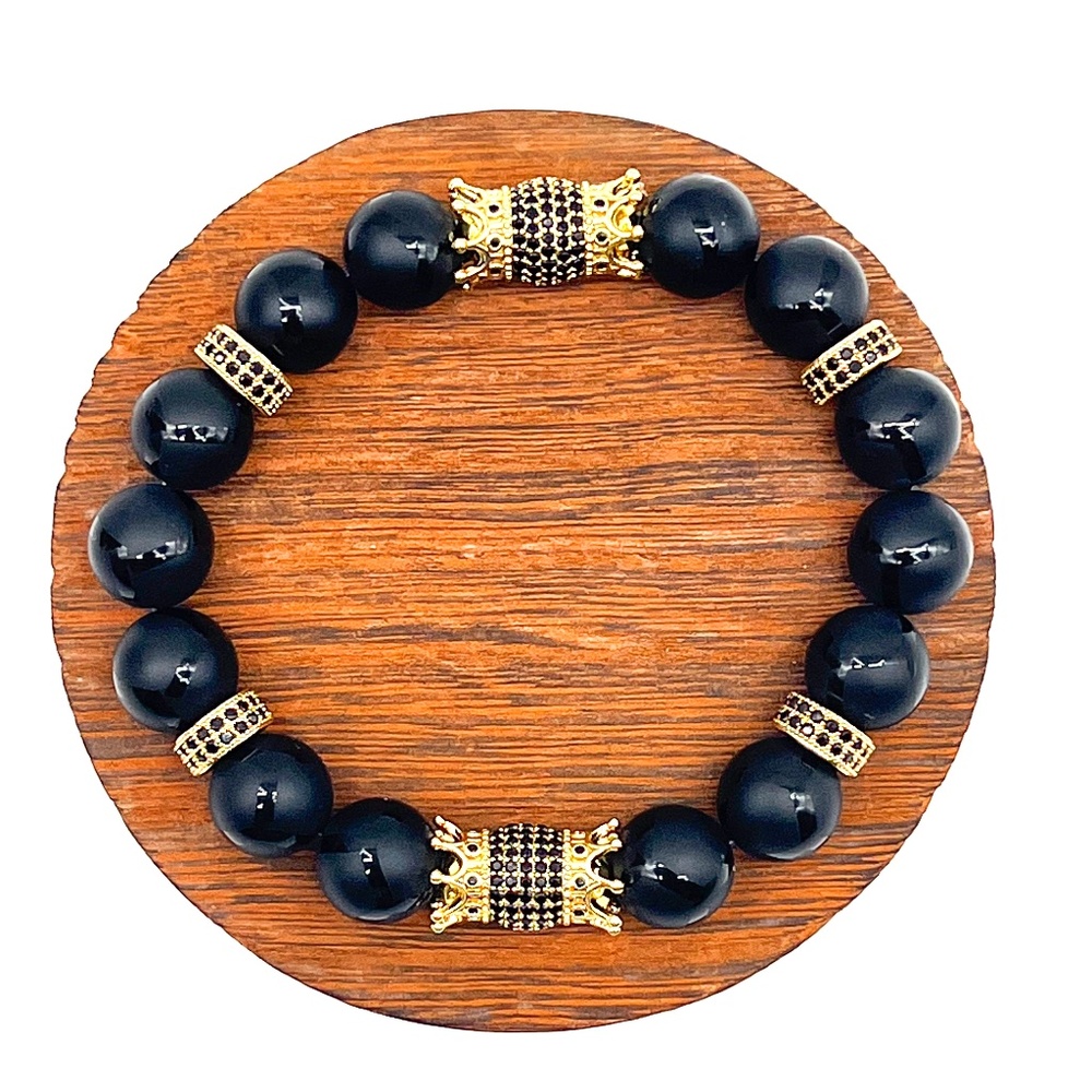 Black Onyx & Gold Double Sided Crowns Bracelet
